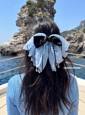 浅蓝色波点撞色黑蝴蝶结飘带发夹