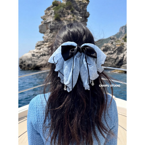 浅蓝色波点撞色黑蝴蝶结飘带发夹