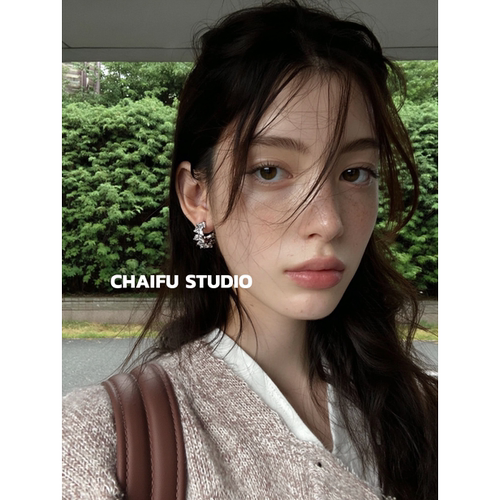 超闪满钻锆石枝叶设计感耳环耳圈