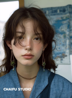 柴夫工作室/E246 欧美手工串珠绿色水钻耳环复古宫廷度假风耳钩