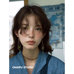 柴夫工作室 欧美手工串珠绿色水钻耳环复古宫廷度假风耳钩 E246