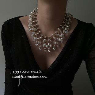 柴夫工作室 西洋古董优雅珍珠琉璃耳钉宫廷贵气流苏毛衣项链 X657