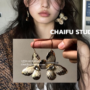 柴夫工作室/R693 美式夸张复古网纱水钻蝴蝶设计感小众耳环耳钩