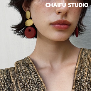 柴夫工作室/E480 港风复古几何撞色树脂圆形耳钉小众夸张高级感