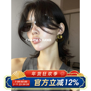 柴夫工作室/R535 复古艺术风茶色半圆鎏金耳钉小众几何拼接耳环