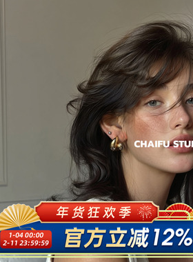 柴夫工作室/R168港风复古摩登几何镶钻C型耳钉小众轻奢设计感耳环