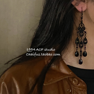 复古暗黑水钻流苏耳环小众哥特风气质耳饰 法式 柴夫工作室 E244