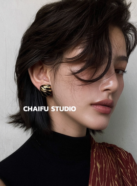 柴夫工作室/E225 复古黑金不规则斑马纹耳钉小众方形暗黑设计耳环