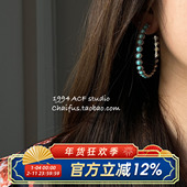 柴夫工作室 R471 简约C型夸张大耳圈复古仿松石做旧花边耳环耳饰