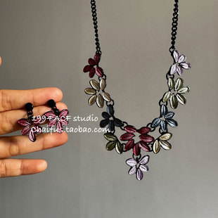 柴夫工作室/X179 韩系甜酷风彩色烤漆树叶项链套装复古前卫配饰