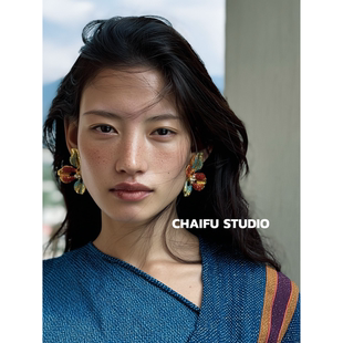 柴夫工作室/R766 宫廷贵气珐琅镀四瓣花镶钻耳钉复古艺术奢华耳环