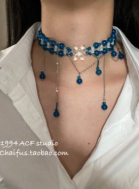 韩系轻奢蓝色串珠流苏锁骨链