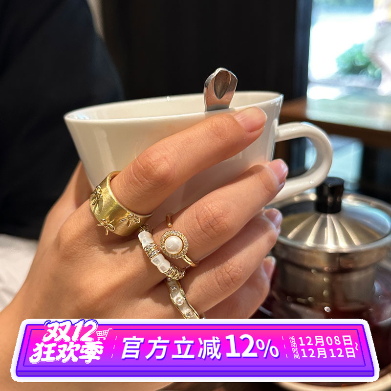 日韩冷淡风几何镶钻珍珠戒指