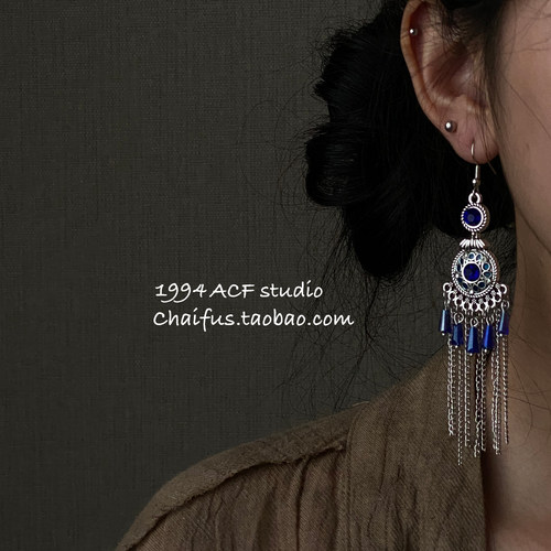 复古大气民族风镶钻流苏耳环