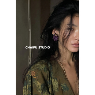 柴夫工作室/R776 多层次焦糖棕秋花卉立体搭配金属耳钉叠花瓣耳钉