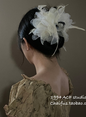 柴夫工作室/F317 法式超仙蓬松网纱羽毛抓夹复古纯欲百搭鲨鱼夹
