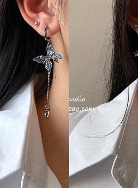 柴夫工作室/R422 韩系甜酷风冰透蓝蝴蝶元素项链耳钉小众熔岩百搭