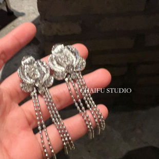 柴夫工作室 INS日韩简约百搭玫瑰锆石链条流苏设计感耳钉环 E745