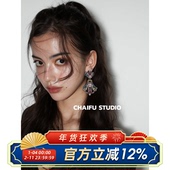 柴夫工作室 E919 西洋做旧彩宝风几何耳钉重工华丽异域雕刻耳环