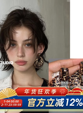 柴夫工作室/E522 欧美野性辣妹几何豹纹金属耳环复古肌理感耳钉