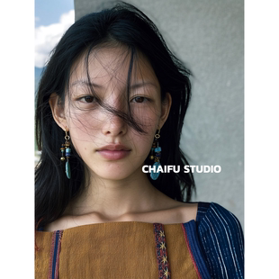 柴夫工作室 复古民族风仿松石不对称耳钉手工多彩串珠耳环 R748