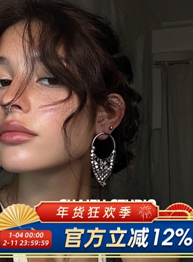 柴夫工作室/E190 欧美夸张三角流苏亮片耳钉小众冷淡风轻奢耳环
