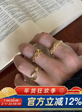 素金玫瑰花点钻蝴蝶戒指