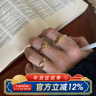 柴夫工作室/J103 港风立体素金玫瑰花点钻蝴蝶戒指夸张大气开口