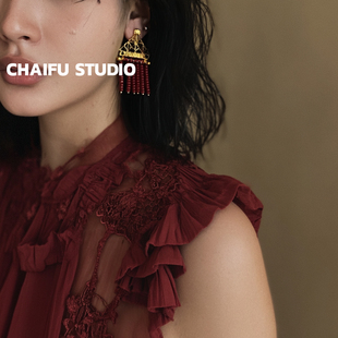 柴夫工作室 国风复古网格三角流苏耳钉轻奢安可拉红小众耳环 R559