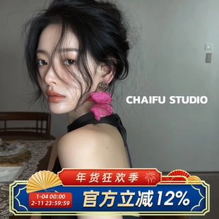 柴夫工作室/E748 法式复古庄园网纱花瓣耳钉鎏金肌理感大气耳环