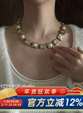 中古高级感镶钻珍珠耳钉