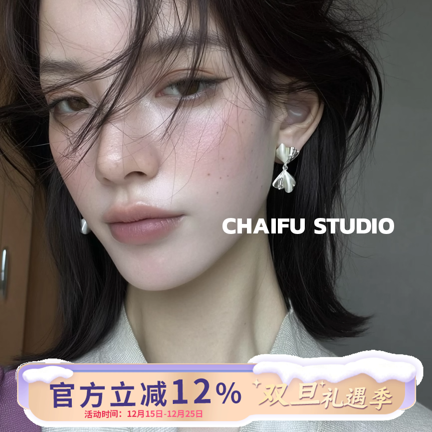 柴夫工作室/R665 港风文艺褶皱银杏滴釉鎏金耳钉复古轻奢气质耳环