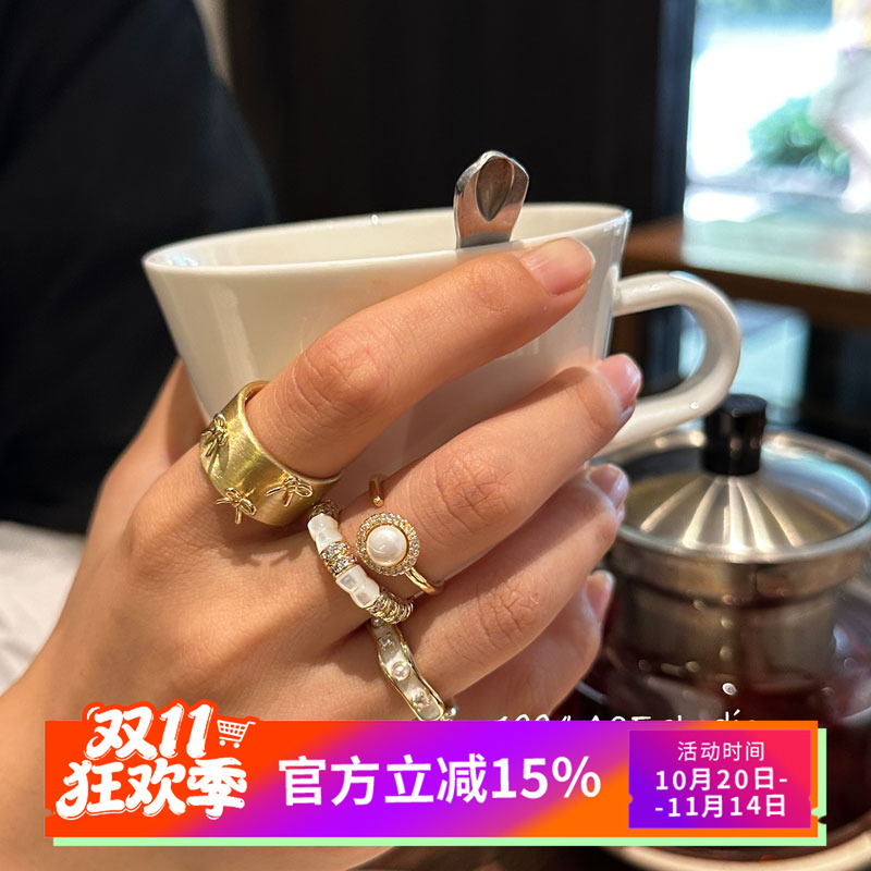 日韩冷淡风几何镶钻珍珠戒指