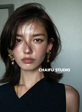 柴夫工作室/E976 宫廷巴洛克彩锆花朵耳钉古铜立体撞色金属耳环