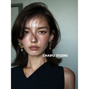 柴夫工作室 宫廷巴洛克彩锆花朵耳钉古铜立体撞色金属耳环 E976