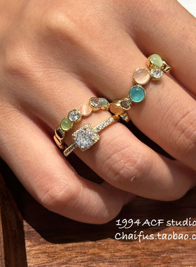 日韩极简几何猫眼石轻奢戒指