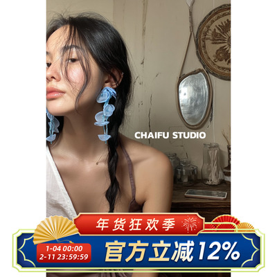 港风超仙雪纺花朵流苏耳钉