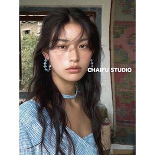 柴夫工作室/R114 港风简约做旧雕刻仿松石耳环复古苗疆少女耳饰