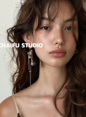 复古混搭串珠链条耳环
