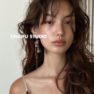 柴夫工作室 复古混搭串珠链条耳环小众甜酷设计镶钻耳钩 R666