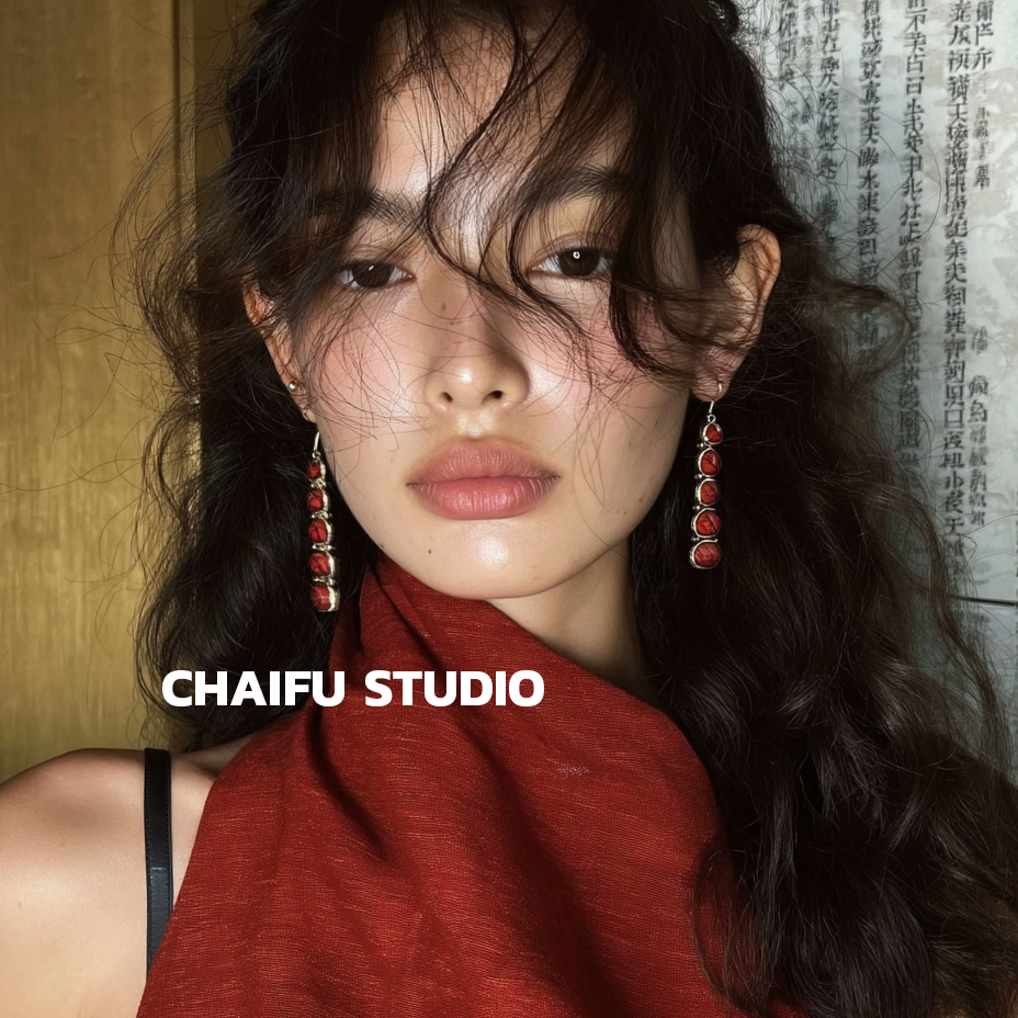 苗疆做旧金属质感红松石耳钉