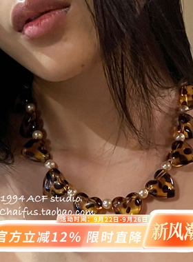 柴夫工作室/X514 美式复古辣妹豹纹爱心项链夸张串珠choker颈链