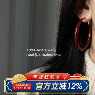 柴夫工作室/E431 欧美辣妹几何镂空方形耳圈复古安可拉红气质耳环