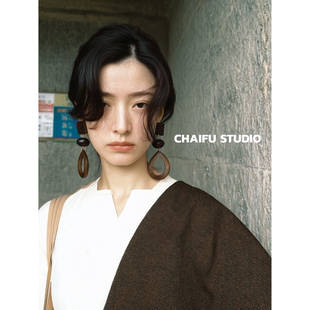 柴夫工作室 美学几何木质层叠耳钉夸张大气复古镂空耳环 R411中式