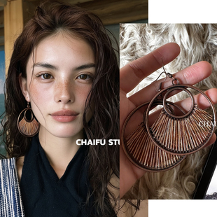 柴夫工作室 几何复古埃及古铜色部落风做旧手工编织耳环 E219