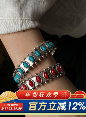 柴夫工作室/S135 中古民族风仿松石手镯复古做旧不规则开口手环