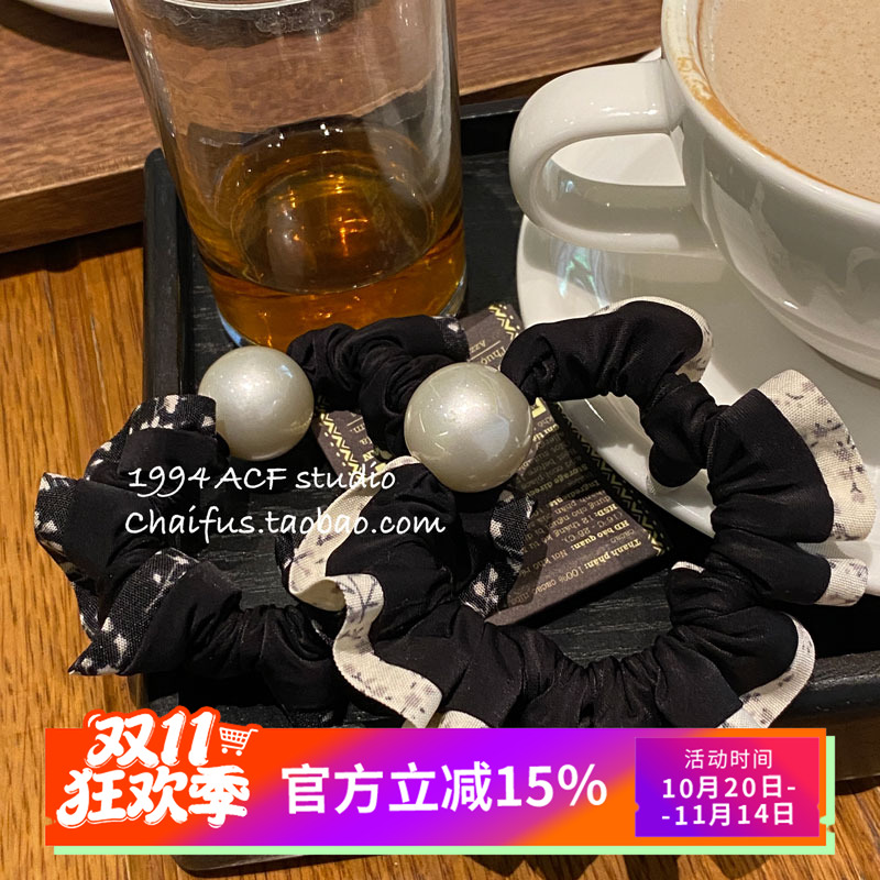 柴夫工作室/F322 日韩甜美少女褶皱卷边珍珠发绳简约清新扎发发圈