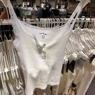 BM风美式 显瘦棉罗纹背心潮 蕾丝花边纽扣吊带女夏外穿上衣内搭修身