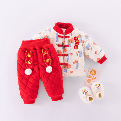 婴儿衣服冬季加绒国风两件套一岁男女宝宝过年喜庆拜年服分体套装