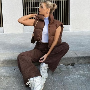 跨境外贸欧美夹克羽绒棉背心女2024年秋冬季新款韩版无袖马夹外套